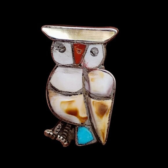 Vintage Native Zuni Inlay Gemstone Owl Brooch Pin Turquoise Coral Shell  - READ - Picture 1 of 4